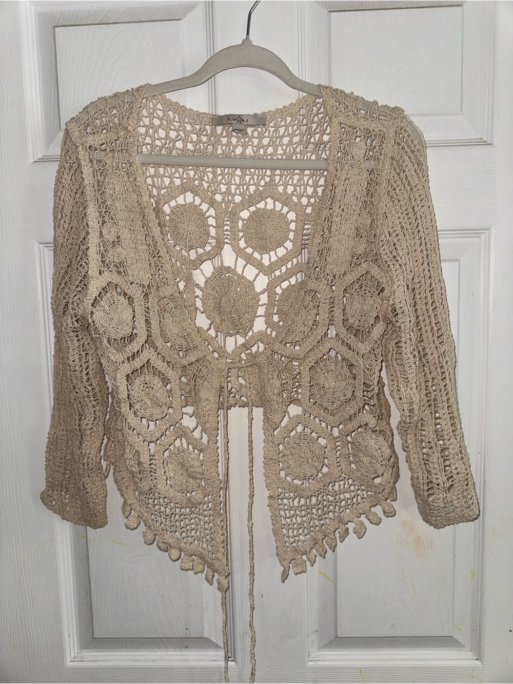 Beige Crochet Openwork Women's Sweater Cardigan